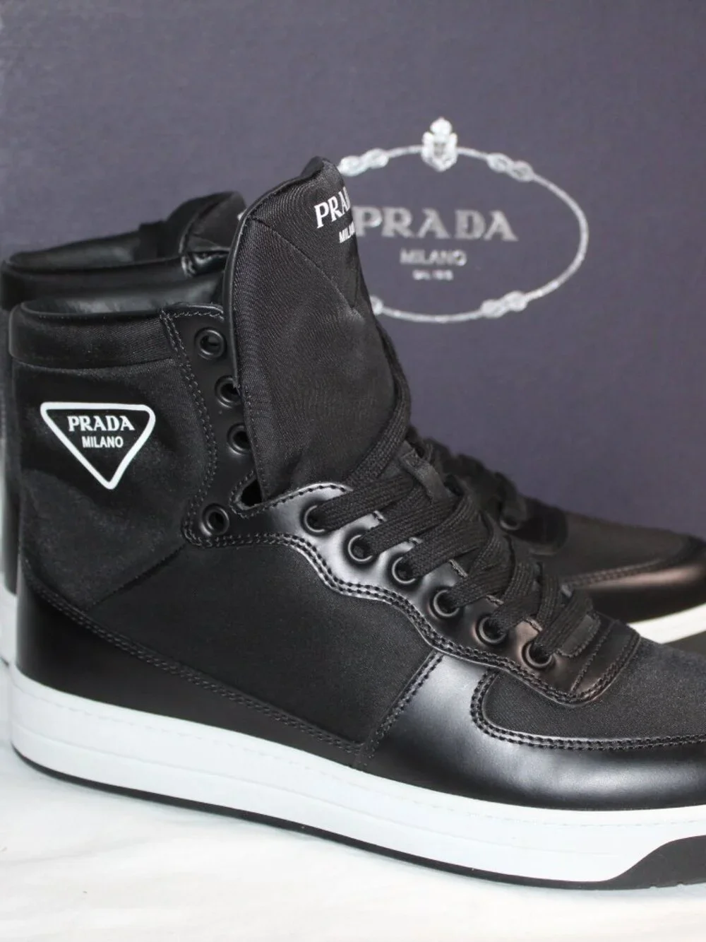 NWB PRADA Black Re-Nylon Booties Lace Up Hi Tops Sneakers Flats Triangle Logo 39